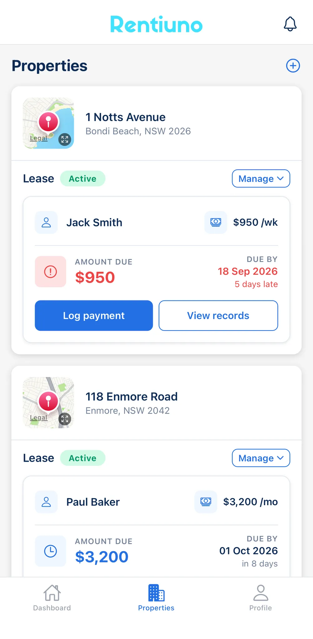 Rentiuno properties list with one rent payment five days late and another due in eight days
